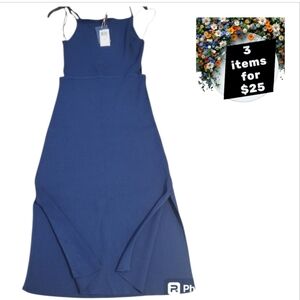 Skies Are Blue Ribbed Knit Midi Dress Sz L NWT Blue Sleeveless Side Slit